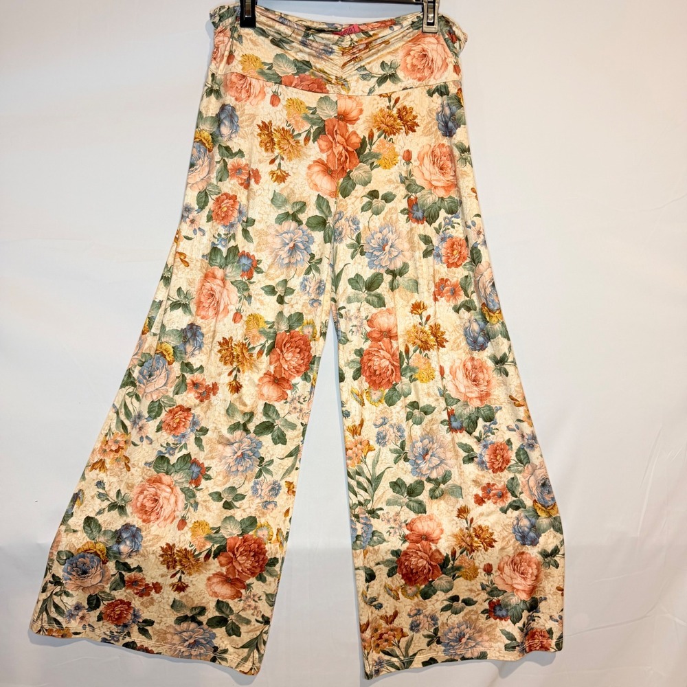 Isle Apparel Floral Wide Leg Pants Ruched V-Front Waist Peach Blue Large